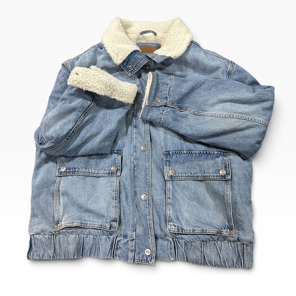 American Eagle Womens XL Sherpa Lined Denim Bomber Jacket Light Wash Oversized - Picture 3 of 7